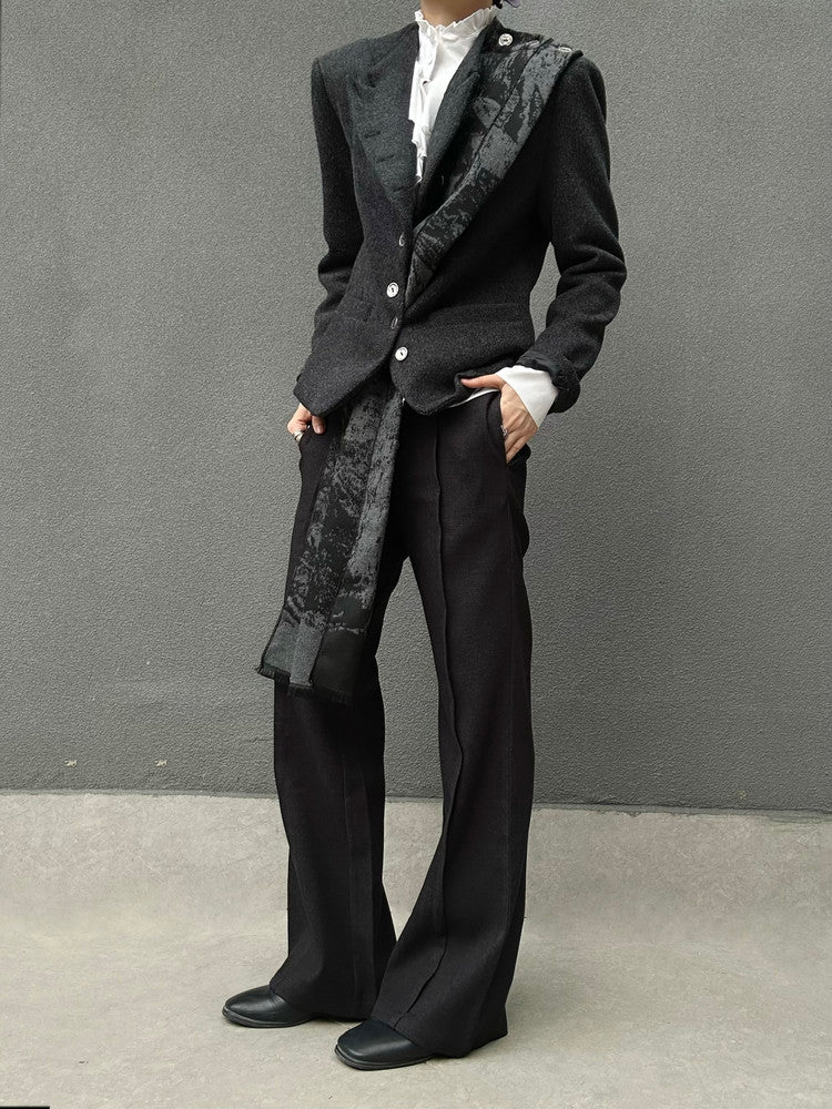 Elastic Waist Button-Front Wool Straight Trousers WN23142