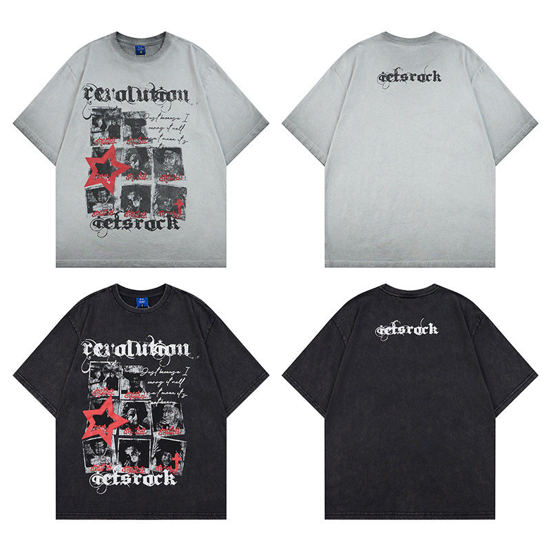 Washed Portrait Letter Print Short Sleeve T-Shirt WN25387
