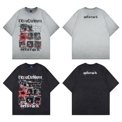 Washed Portrait Letter Print Short Sleeve T-Shirt WN25387