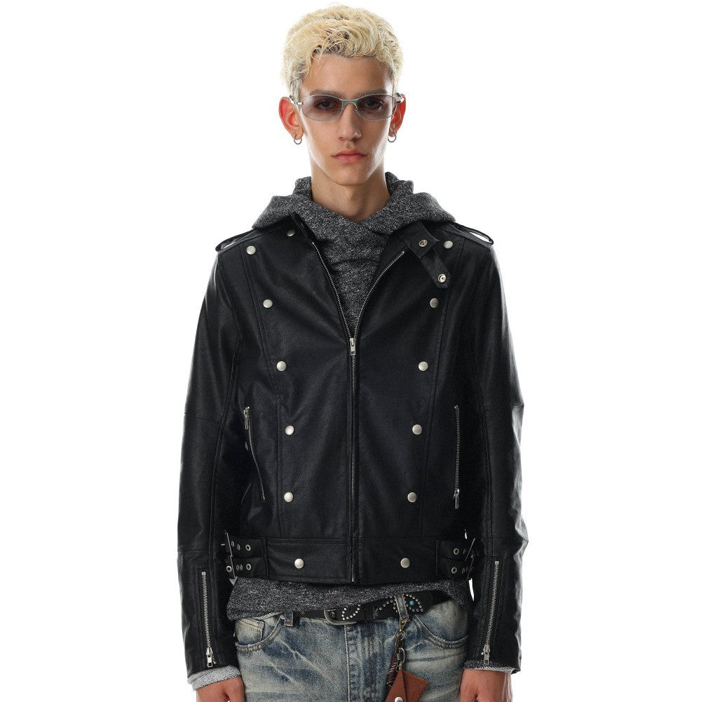 Stand Neck Double Studs Zipper PU Leather Jacket WN28068