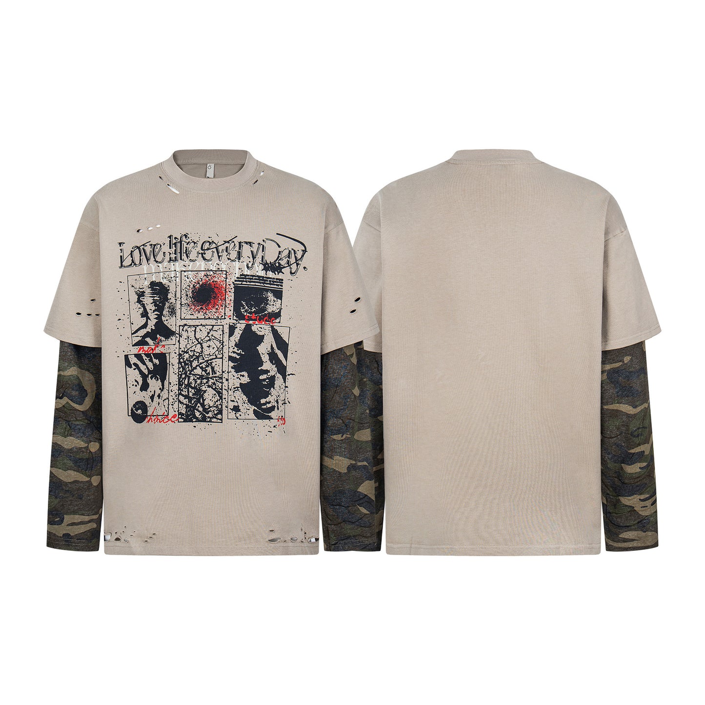 Fake Layered Camo Damage Print Long Sleeve T-Shirt WN25740