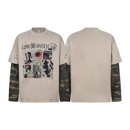 Fake Layered Camo Damage Print Long Sleeve T-Shirt WN25740