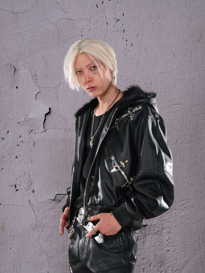 Studs Cross Zip PU Leather Jacket WN26671