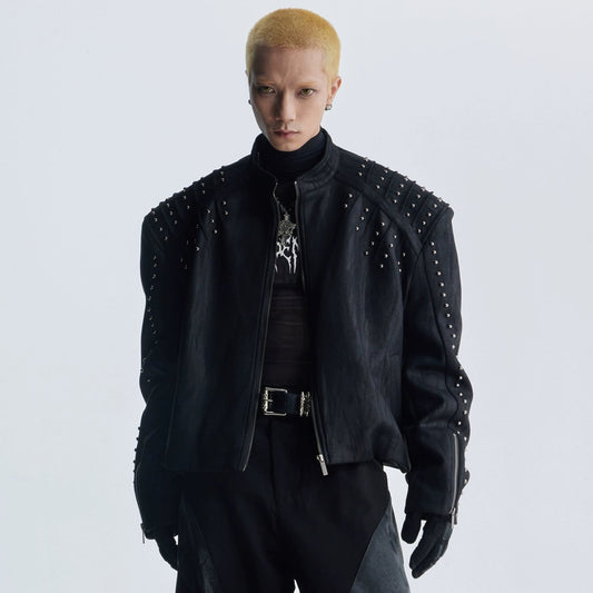 Matte Studs Shoulder-Pad PU Leather Zipper Jacket WN20818