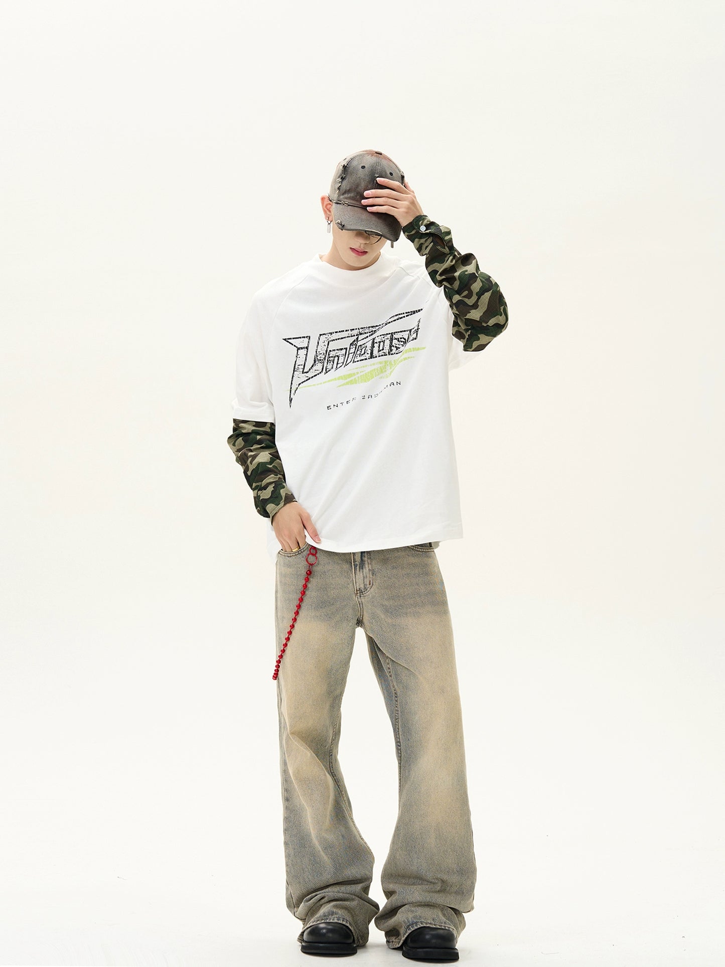 Cracked Letter Splicing Camouflage Fake Layered Long Sleeve T-shirt WN8422