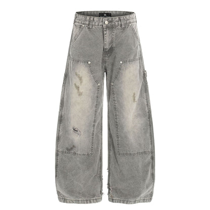 Dirty Washed Damage Panel Wide Leg Denim Jeans WN25917