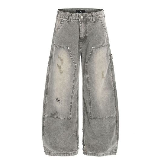 Dirty Washed Damage Panel Wide Leg Denim Jeans WN25917