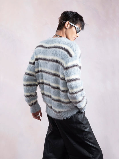 Contrasting Color Stripe Round Neck Knit Sweater WN9312