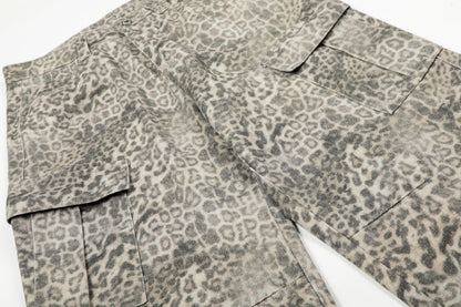 Leopard Print Washed Multi-Pocket Wide Leg Denim Jeans WN27926