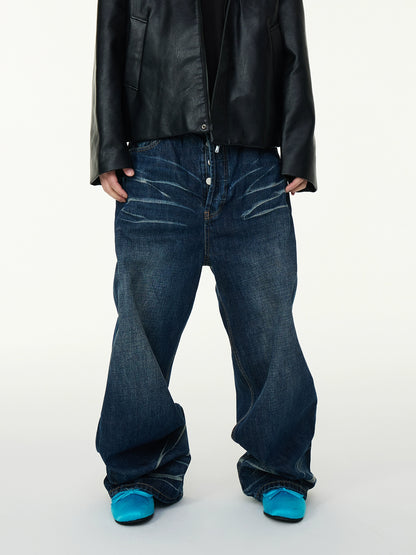 Washed Wave Pattern Wide Leg Baggy Denim Jeans WN16989