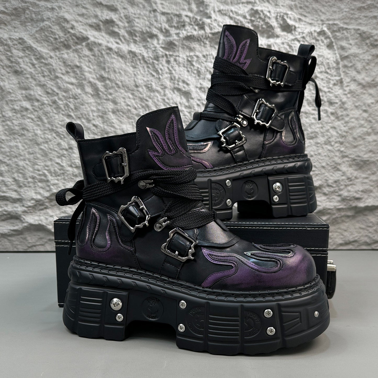 Flame Embroidery Strap Buckle Platform Short Boots WN24578