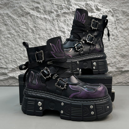 Flame Embroidery Strap Buckle Platform Short Boots WN24578