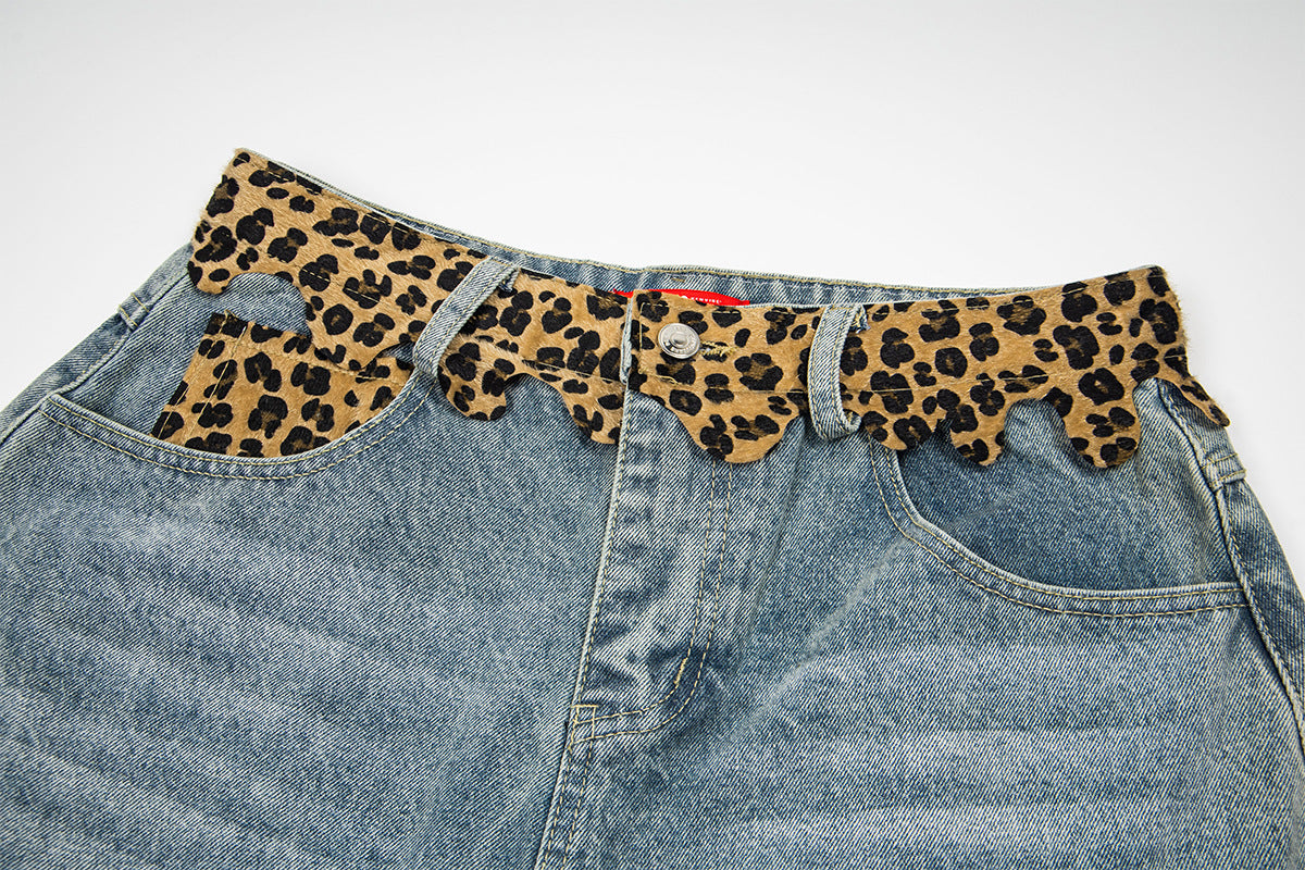 Leopard Print Damage Half Denim Jeans WN25462