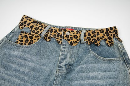 Leopard Print Damage Half Denim Jeans WN25462
