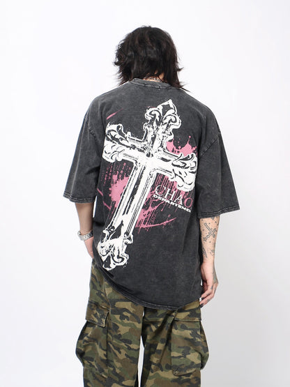 Vintage Washed Oversize Cross Graphic Short Sleeve T-Shirt WN24430