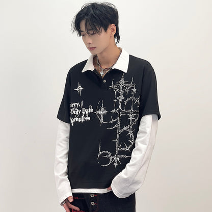Cross Fake Layered Waffle Long Sleeve Polo T Shirt WN24245