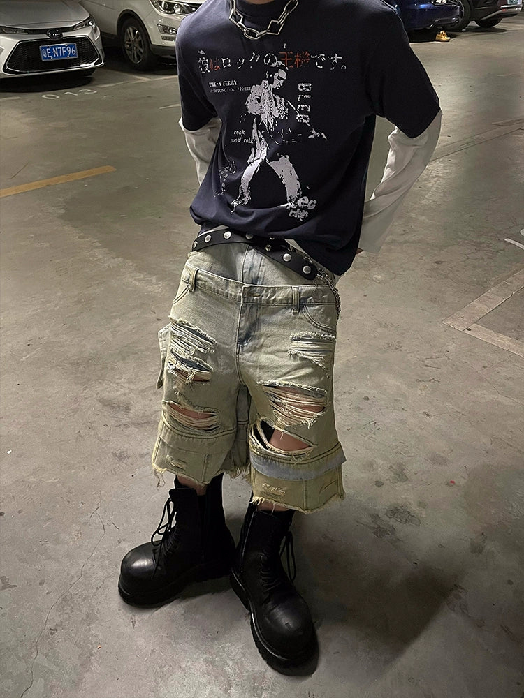 Double Waistband Mud Dye Damage Washed Straight Half Denim Jeans WN16306