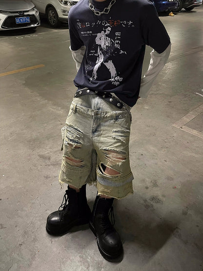 Double Waistband Mud Dye Damage Washed Straight Half Denim Jeans WN16306