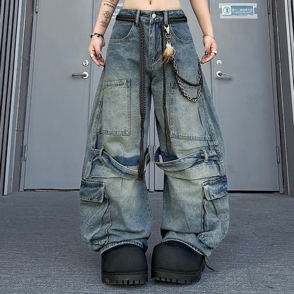 Multi-Pocket Washed Curved Wide Leg Cargo Denim Jeans WN24221