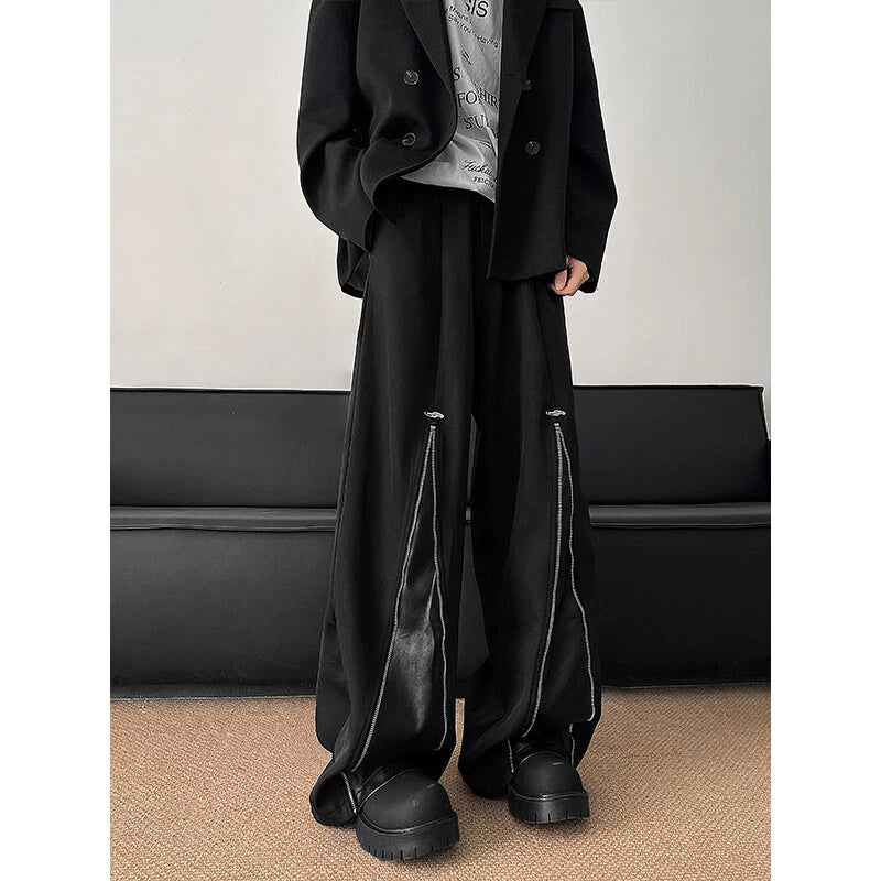 PU Leahter Mix Zipper Design Drape Baggy Trousers WN19331-K