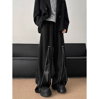 PU Leahter Mix Zipper Design Drape Baggy Trousers WN19331-K