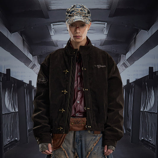 Stand Neck Metal Buckle Short Suede Jacket WN22809