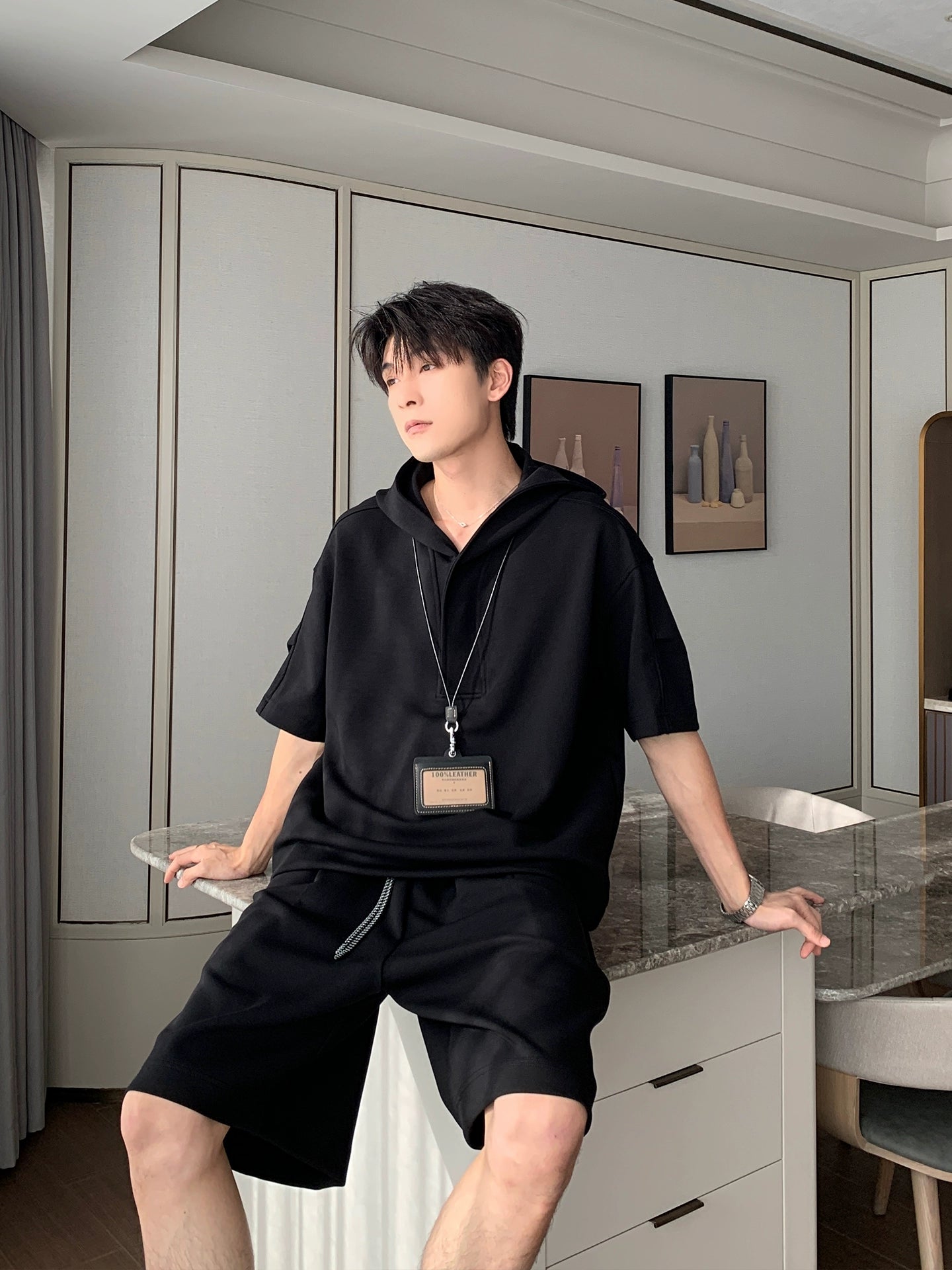 Sporty Short Sleeve Hooded T-Shirt & Short Pants Setup WN20449