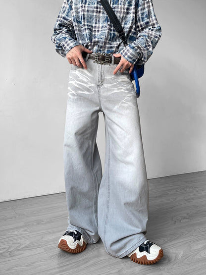 Washed Whiskered Wide Leg Straight Denim Jeans WN9554