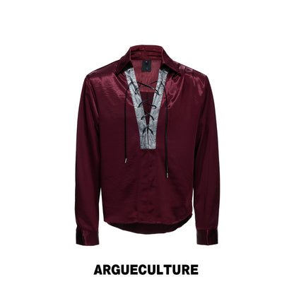 V-Neck Lace-Up Satin Cropped Long Sleeve Shirt WN27038