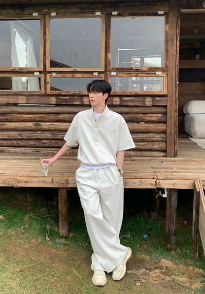 Standing-Collar Button Short Sleeve T-Shirt & Wide Leg Sweatpants Setup WN25022