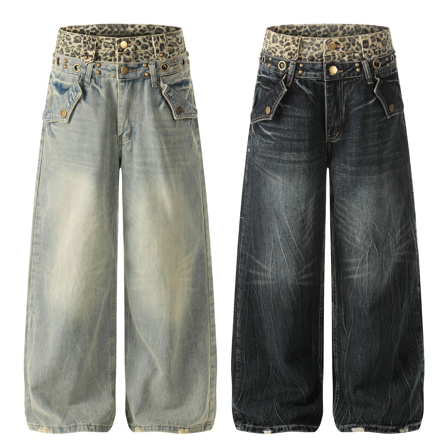 Leopard Waistband Washed Whisker Wide Leg Denim Jeans WN25566