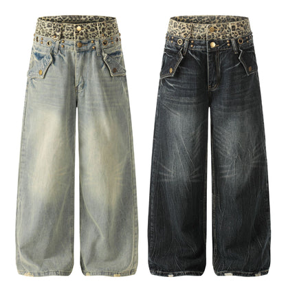 Leopard Waistband Washed Whisker Wide Leg Denim Jeans WN25566