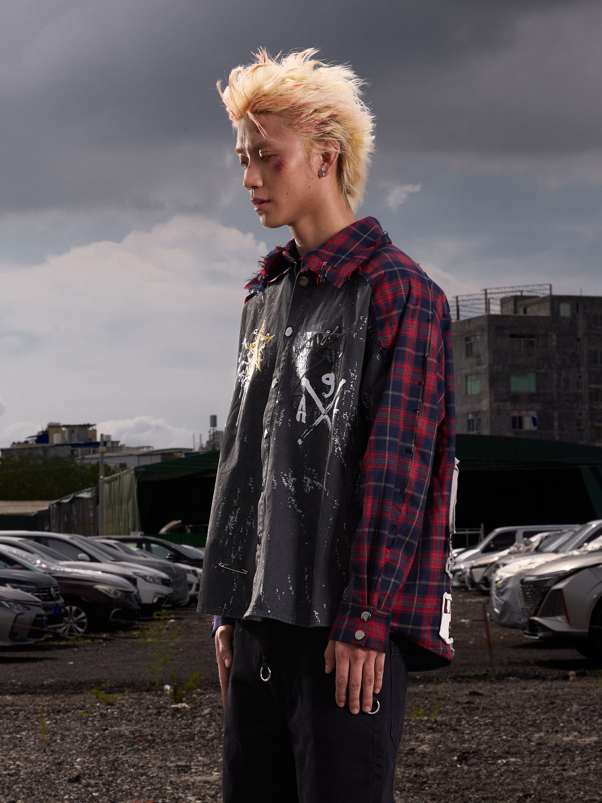 Patchwork Graffiti Washed Long Sleeve Shirt WN27155