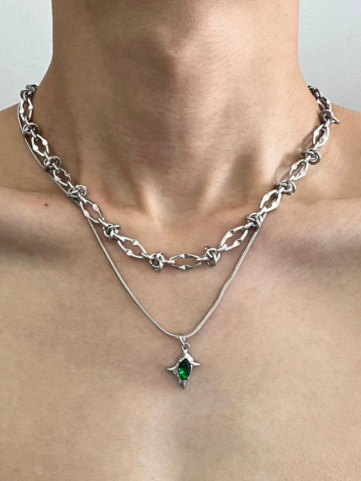 Double Layer Green Meteor Thorn Titanium Steel Necklace WN19260