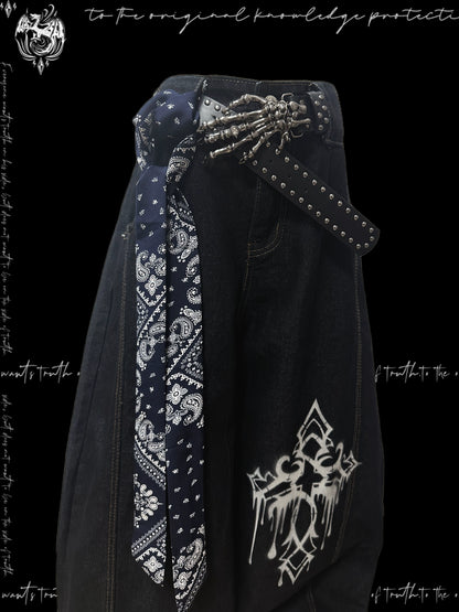 Ink Drop Thorn Scimitar Cross Wide Leg Denim Jeans & Skull Belt & Scarf WN20120