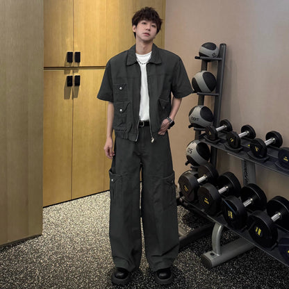 Pocket Short Sleeve Jacket & Wide Leg Cargo Pants Setup WN25342