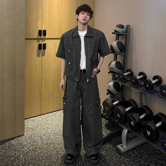 Pocket Short Sleeve Jacket & Wide Leg Cargo Pants Setup WN25342