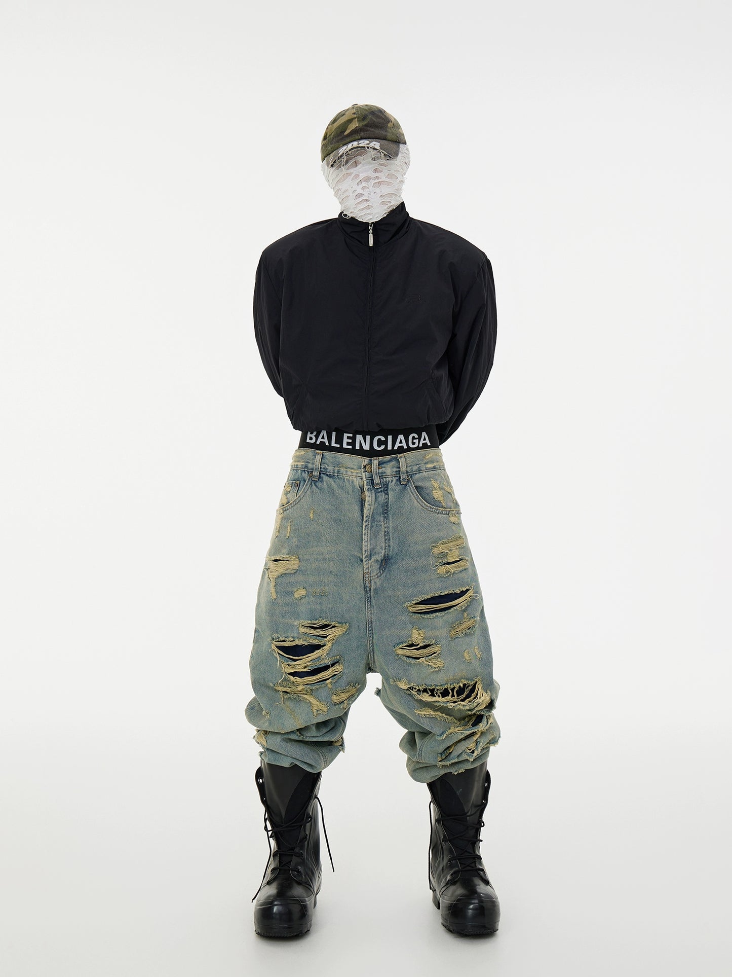 Double Layer Fringe Damage Washed Wide Leg Denim Jeans WN16955