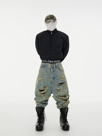 Double Layer Fringe Damage Washed Wide Leg Denim Jeans WN16955