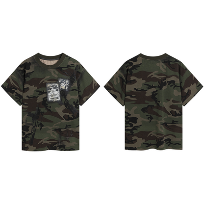 Cross Rhinestone Graphic Print Camouflage Short Sleeve T-Shirt WN17095