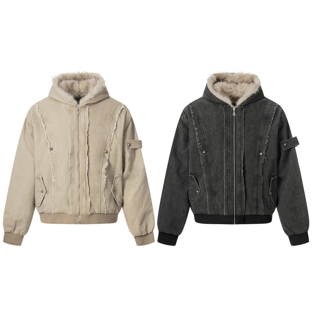 Fake Fur Collar Hooded Washed Canvas Puffer Jacket WN27836