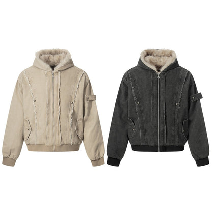 Fake Fur Collar Hooded Washed Canvas Puffer Jacket WN27836