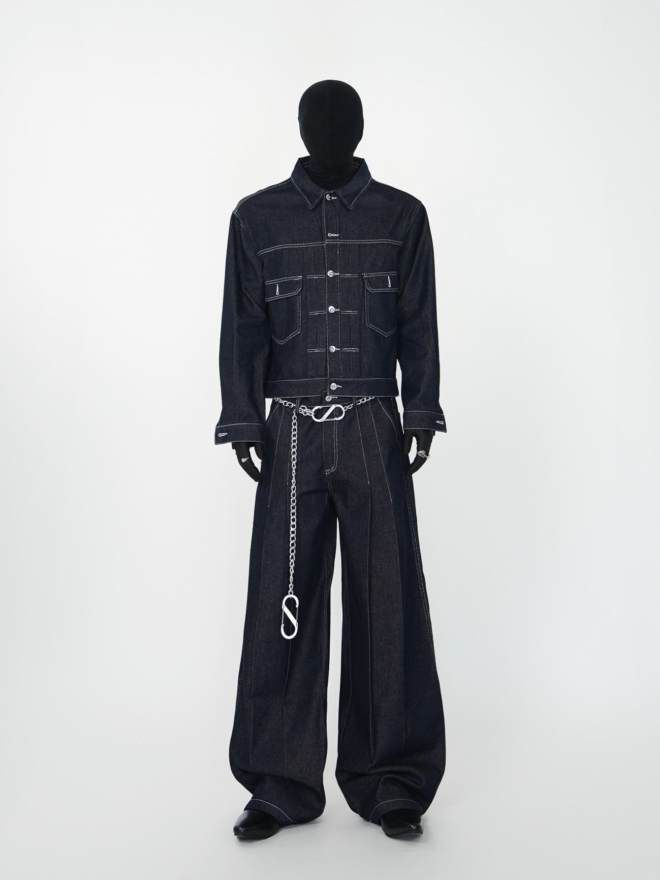 Contrast Stitch Short Jacket & Wide Leg Denim Jeans Setup WN24140