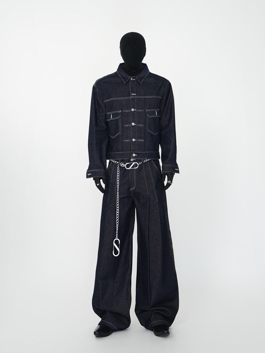 Contrast Stitch Short Jacket & Wide Leg Denim Jeans Setup WN24140