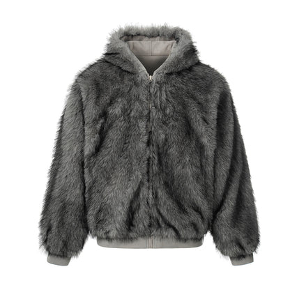 Reversible Fake Fur Collar Fleece Lining Hooded Zipper Jacket WN21863