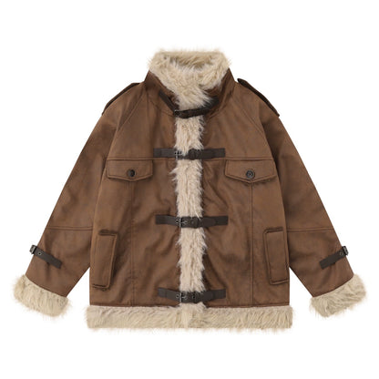 Fake Fur Neck PU Leather Quilting Jacket WN10908