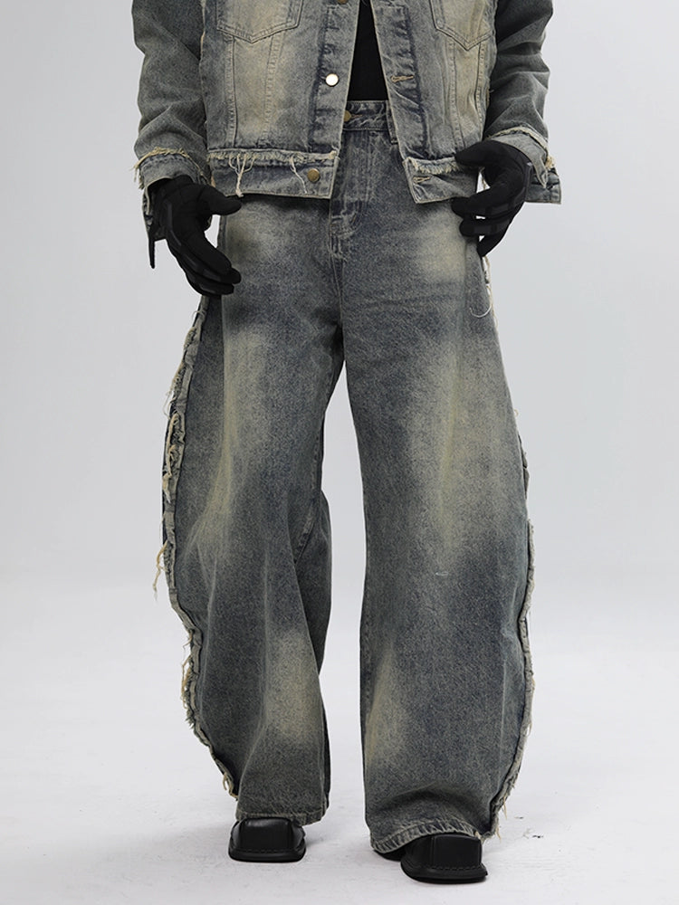 Fringe Curved Hem Wide Leg Denim Jeans WN18623