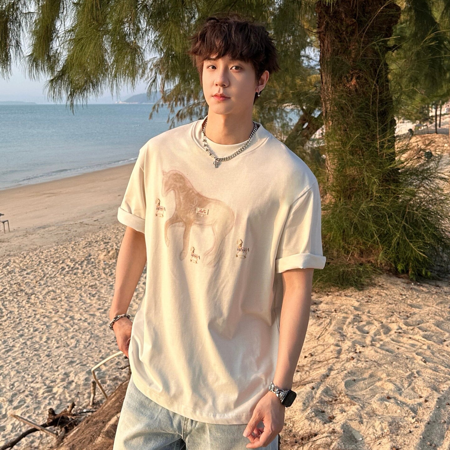 Horse Print Cotton Oversize Short Sleeve T-Shirt WN25253