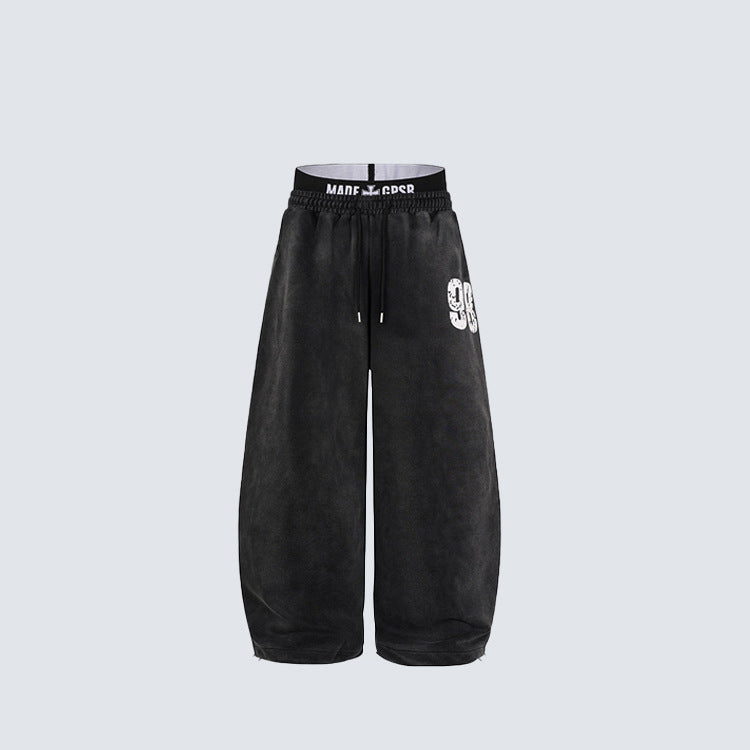 Washed Double Waist Print Wide Leg Sweatpants WN27834