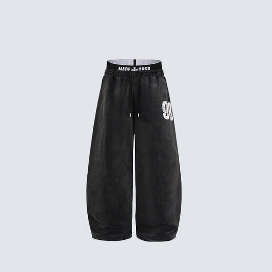 Washed Double Waist Print Wide Leg Sweatpants WN27834